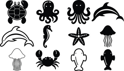 Fototapeta premium Black and White Ocean Animal Silhouettes Collection Underwater Creatures Icons Marine Life Vector Illustration Sea Fauna Set Turtle Octopus Dolphin Seahorse Starfish Jellyfish Crab Fish