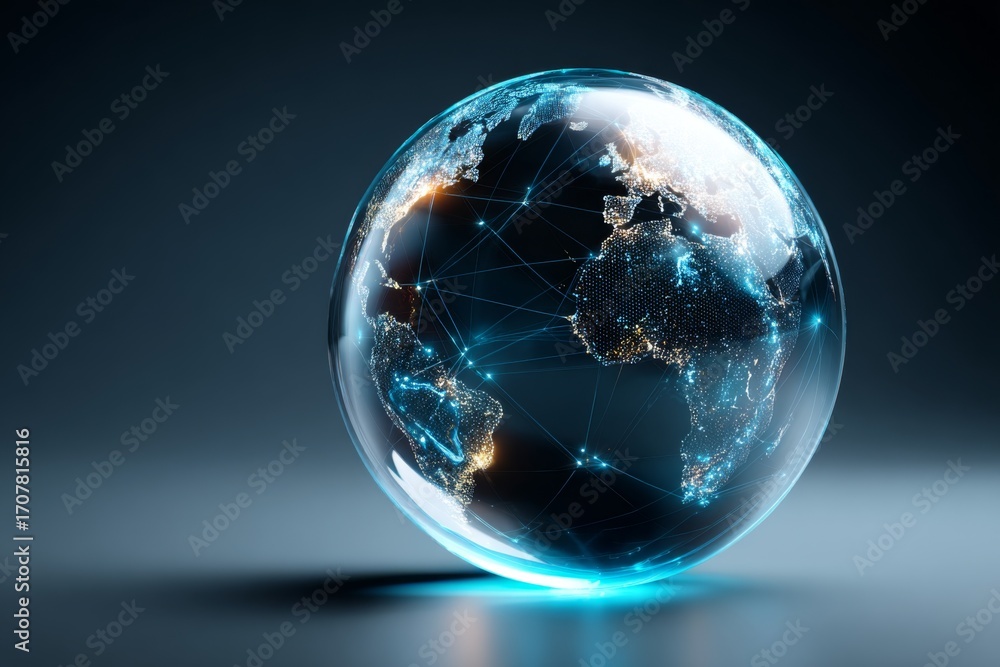 Poster a glowing globe with connecting lines sits on a surface.