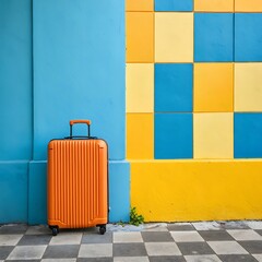 Bold orange suitcase ready for adventure, set against a playful checkerboard wall&mdash;perfect for travel ads, lifestyle blogs, or product showcases