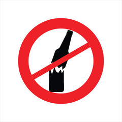 A red circular prohibition sign indicating no glass bottles allowed, featuring a black silhouette of a broken bottle.