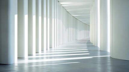 Obraz premium Endless corridor with white pillars and sunlight creating shadows on the floor tiles