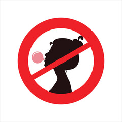 No chewing gum allowed sign featuring a woman's silhouette blowing a pink bubble, indicating a prohibition or restriction.