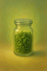 herbal glass jar with dried leaves for natural remedy storage