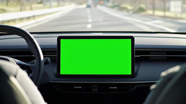 Modern car interior dashboard with blank green screen infotainment system display, driving on a highway road for custom content video mockup.