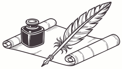 Antique Writing Set with Feather Quill Vector Illustration