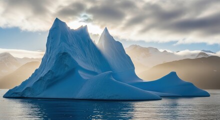 Majestic blue iceberg emerges from calm ocean waters under dramatic sky