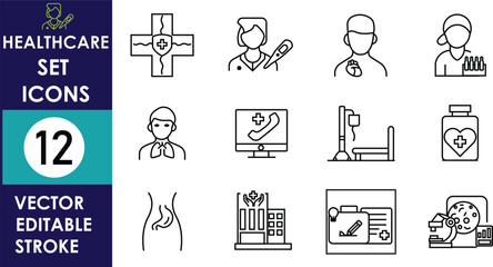 This image showcases twelve outlined healthcare icons, including doctors, medical equipment, medicine, and consultation symbols, presented as an editable vector stroke set for professional use