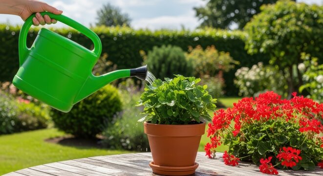 Hand watering a potted plant with a green watering can in a lush garden setting