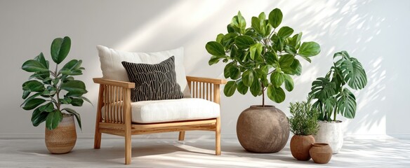 Light-filled room with wooden armchair and plants