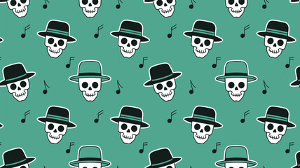 Repeated pattern of skulls wearing hats and music notes on a teal colored background design style art 100