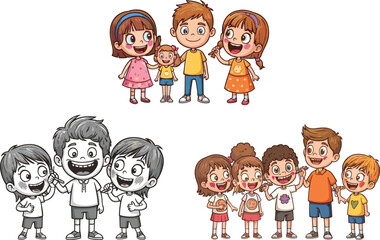 Happy children playing together, group of diverse kids interacting, color and sketch cartoon style, childhood friendship, smiling friends fun time