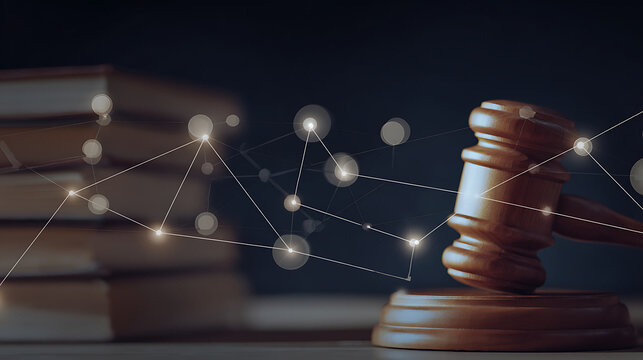 A wooden gavel rests on a sound block with a network of glowing connections overlaying the scene, symbolizing digital connectivity in legal contexts. - Powered by Adobe