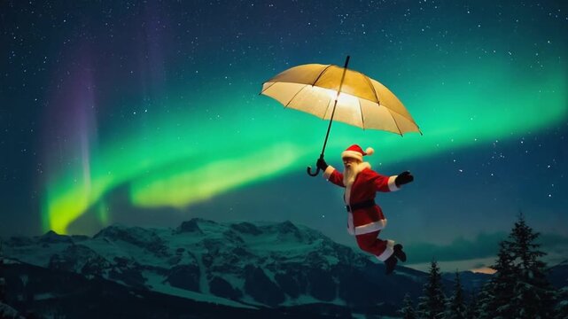Santa Claus flying with an umbrella.