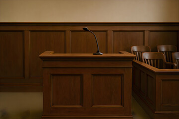 Courtroom with a microphone on the stand, representing justice, communication, authority and the legal process of speaking in judicial proceedings