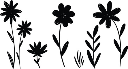 Simple black floral elements with various flower shapes on transparent background