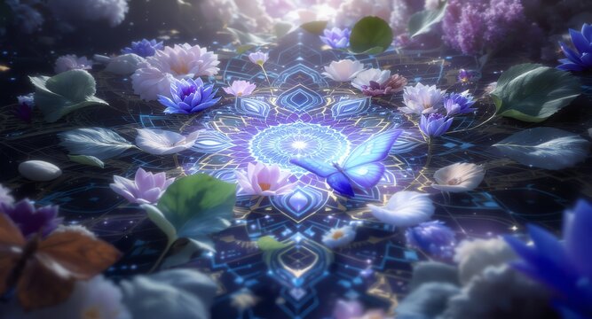 Butterfly Blooms on Digital Mandala Dreamy Floral Fantasy Art