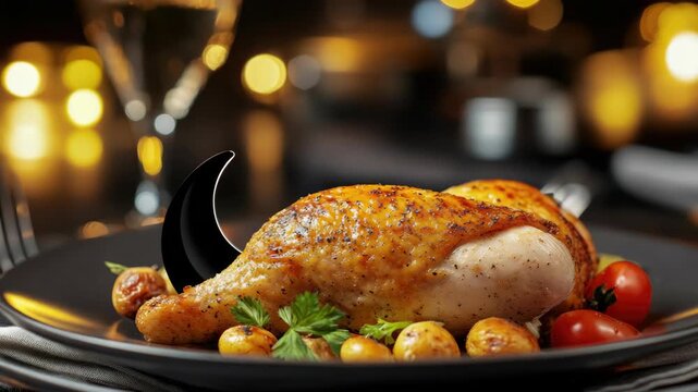 Closeup of delicious roasted chicken with vegetables, served on a fancy plate at a restaurant.