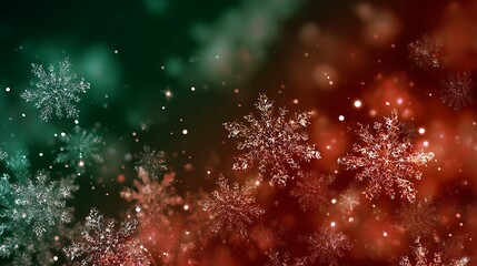 Obraz premium Festive christmas background with falling snowflakes on a green and red backdrop for a magical holiday season