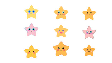 Obraz premium Cartoon Starry Companions A Collection of Cute Stars with Playful Expressions on White Background