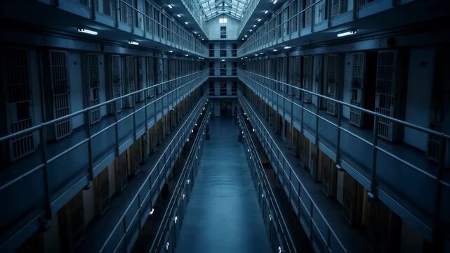 An empty, multi-story prison block with rows of cells viewed from a central corridor under cold blue light, representing justice, confinement, punishment, and the legal system