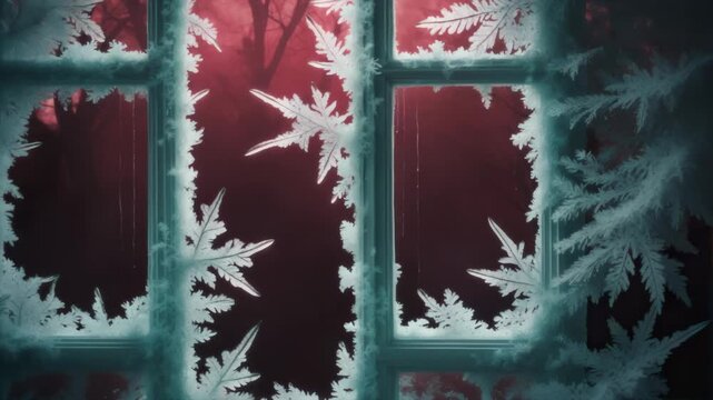 Frost expands across windows, red misty forest beyond