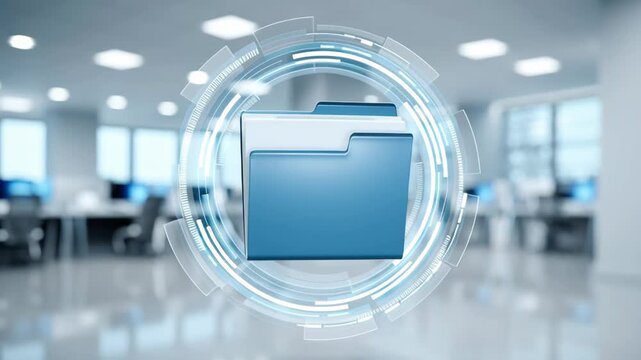 Blue folder icon digital office data folder ring with futuristic interface conveying secure file storage and workflow efficiency and glowing digital