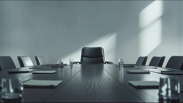 Meeting room with a long table and empty chair in the sunlight at noon in a corporate setting