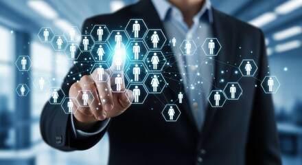 Businessman interacting with a futuristic digital network of people icons and data connections