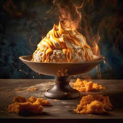 Flaming Meringue Dessert Mockup in Rustic Bowl