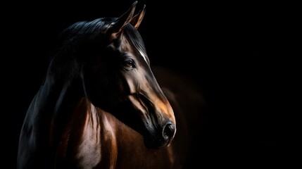 Fototapeta premium Majestic Brown Horse with Dramatic Lighting and Velvety Texture Against a Deep Black Background