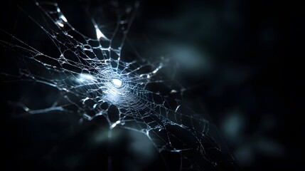 Mysterious Spider Web with Glowing Center in Dark Environment Revealing Delicate, Detailed Structure and Natural Artistry