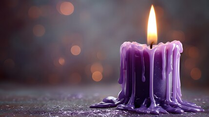 A refined and elegant purple candle in a calm environment featuring near-melted wax with artistic drips and a vividly bright flame that enhances the warmth and contrast of the scene