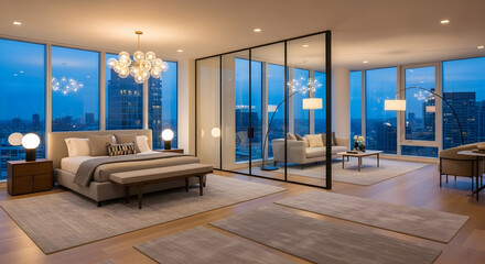 Luxurious modern bedroom with a city view at dusk, featuring a king-size bed, seating area, and elegant lighting.