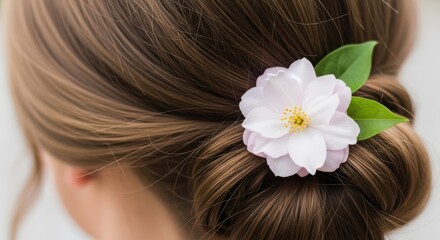 Naklejka premium Closeup of a womans elegant updo hairstyle adorned with a delicate pink flower and green leaves
