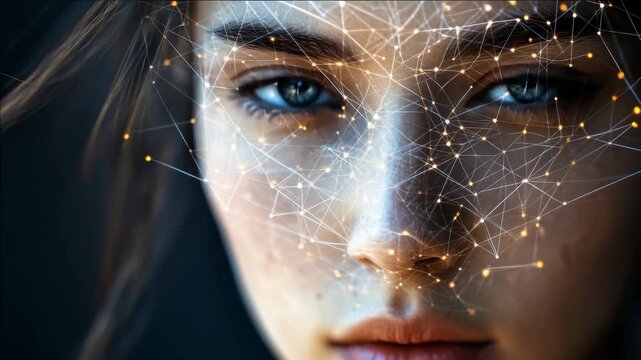 Woman's face with intricate digital network overlaid, symbolizing advanced analytics and computational processes.
