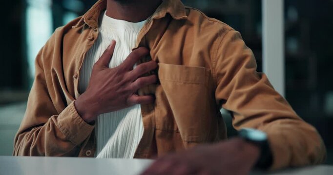 Hands, breathing and man in office with asthma, medical condition or pain in allergic reaction. Health, infection and consultant in workplace with chest rub, tightness or ache with panic attack
