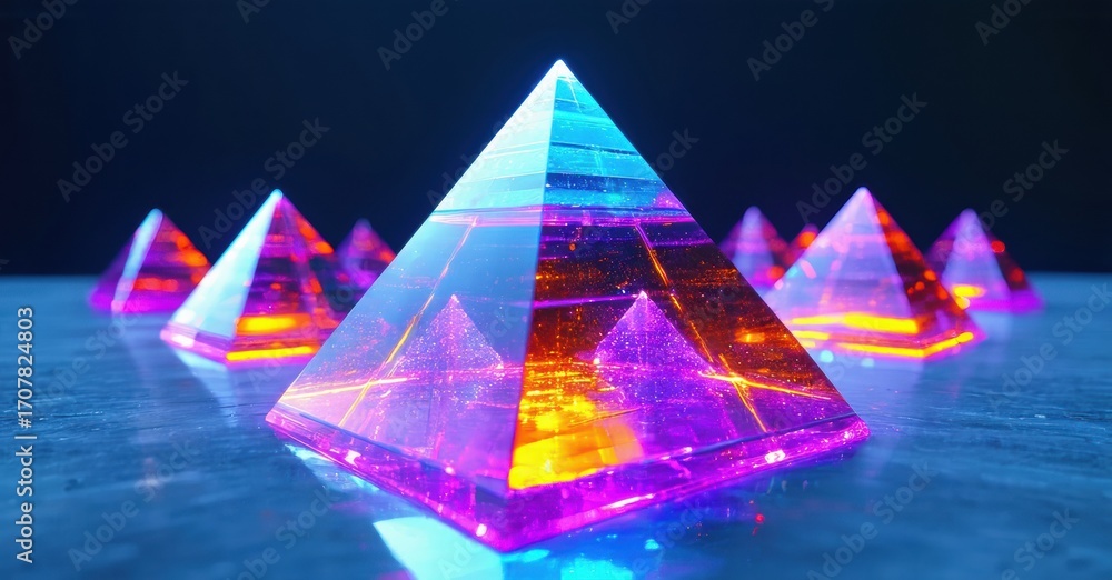 Poster pyramids glow brightly. vibrant colors radiate from geometric shapes. dark background emphasizes lum