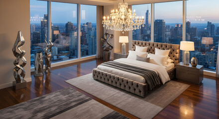 Luxurious master bedroom with a king-size bed, crystal chandelier, and panoramic city views from floor-to-ceiling windows.