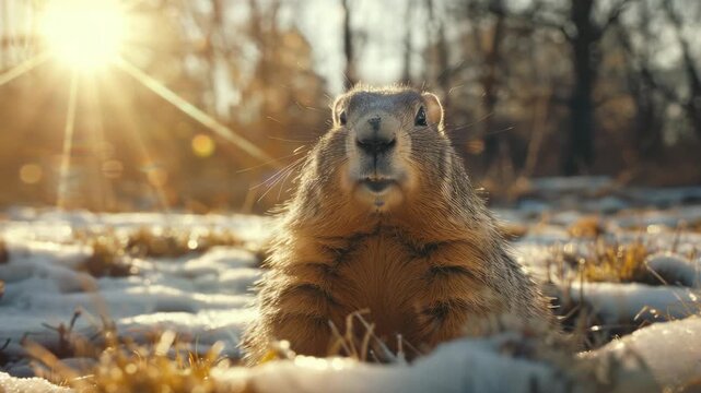 Warm light casts over a ground squirrel, emerging from hibernation and surveying its snowy field habitat.