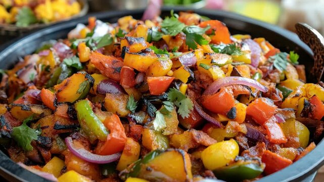 Vibrant medley of vegetables in a black dish, garnished with cilantro and lime wedges.