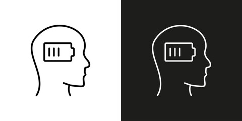 Mental energy, motivation and inspiration symbol - head with battery. Vector editable stroke icon.