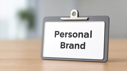 A sleek name tag displays the phrase "Personal Brand," suggesting a focus on identity and professionalism in a modern workspace.