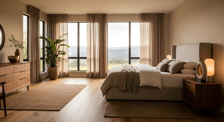 A serene bedroom with a large bed, dresser, and expansive windows offering a view of rolling hills.