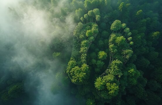 Aerial view rainforest with footprint silhouette. Mist-covered jungle environmental impact awareness. Climate change, nature, conservation, sustainability, Earth Day campaign concept. Eco - Powered by Adobe