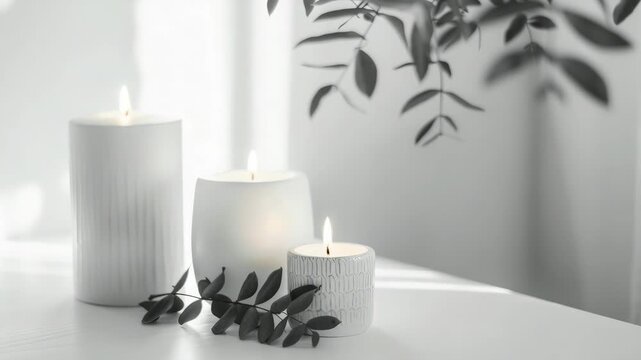 Minimalist chic candle table setting with tall white candles and simple candle holders, creating a warm and inviting ambiance.