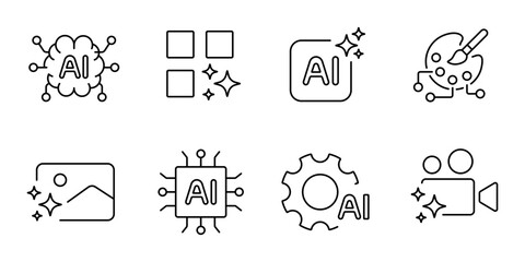 Photo and video content AI generation. AI content creation symbols. Vector editable stroke icons.