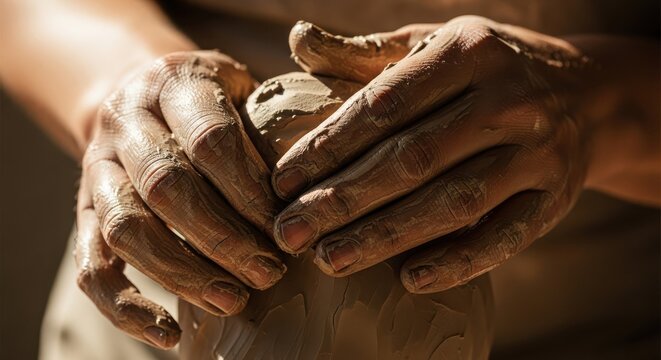 Closeup of a potters hands covered in clay, shaping a new ceramic pot on a pottery wheel, artistic creation