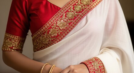 Elegant white saree with intricate red and gold border, worn by a woman with gold bangles, showcasing traditional indian attire