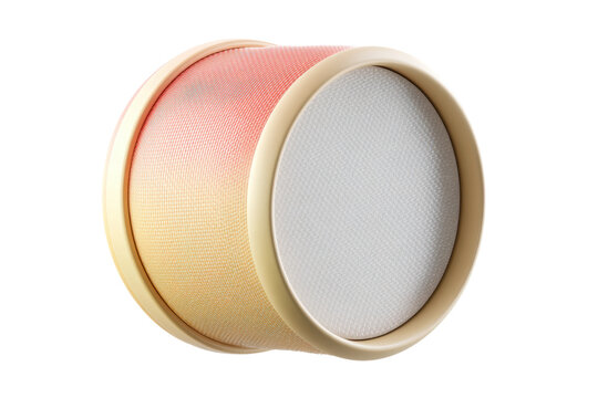 Round mesh sieve with beige rim and gradient red-yellow fabric design, cut out