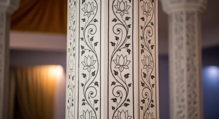 Intricately carved white pillar with floral and vine patterns, part of an architectural structure